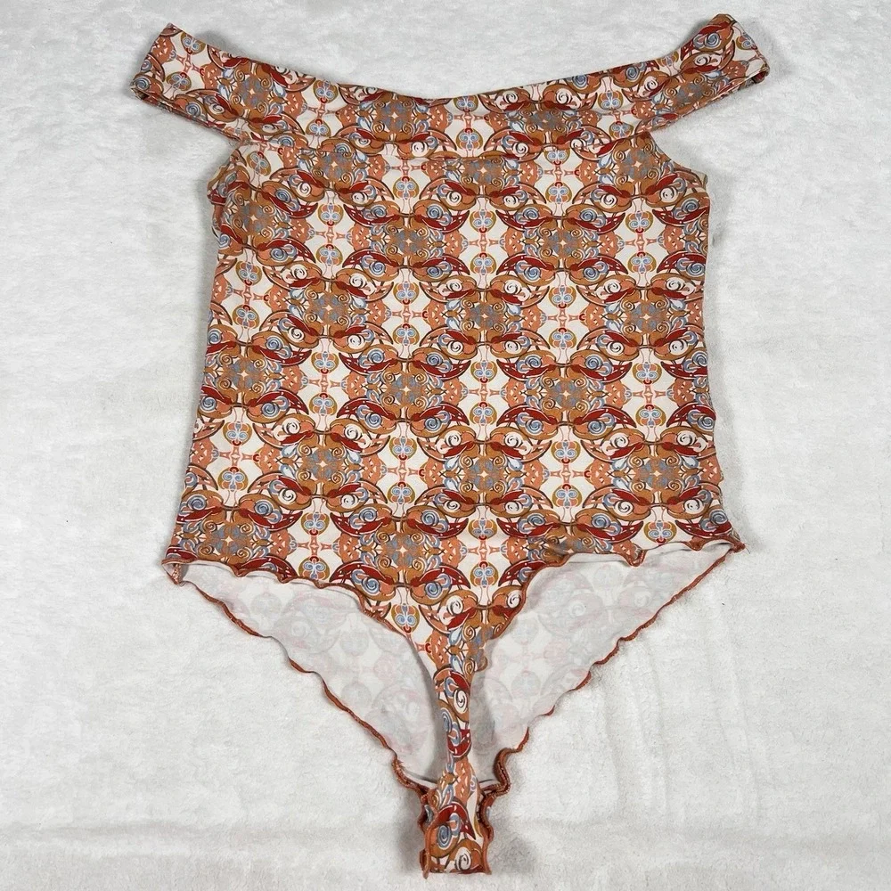 Free‎ People Womens Bardot-Neck Geo Off-Shoulder Bodysuit Medium Y2K Romantic